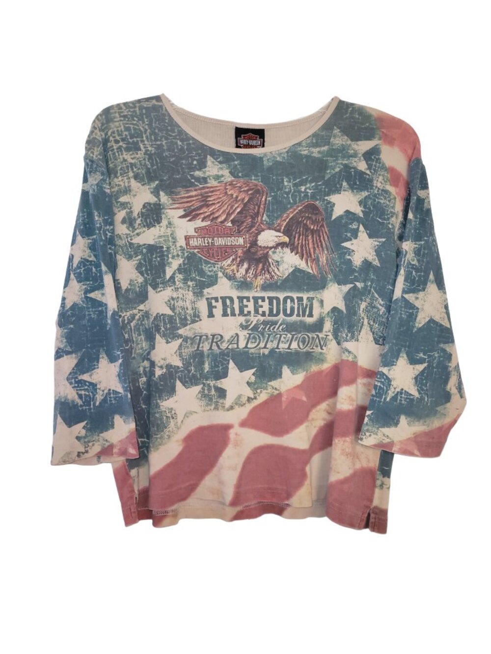 Harley Davidson Freedom American Flag Eagle Rhinestone Cotton 3/4 Shirt
